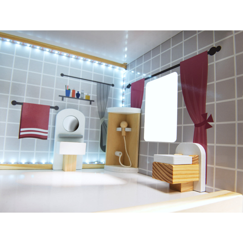 Leļļu koka māja ar LED un piederumiem melna KX6201