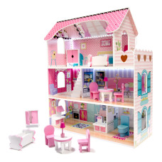 Кукольный деревянный домик с аксессуарами розовый KX6484